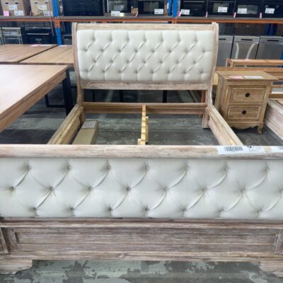 NEW QUEEN SIZE FRENCH PROVINCIAL SLEIGH BED, TUFTED OATMEAL UPHOLSTERED HEADBOARD & FOOTBOARD,  ACACIA WOOD FRAME, IBIZA AU0795,