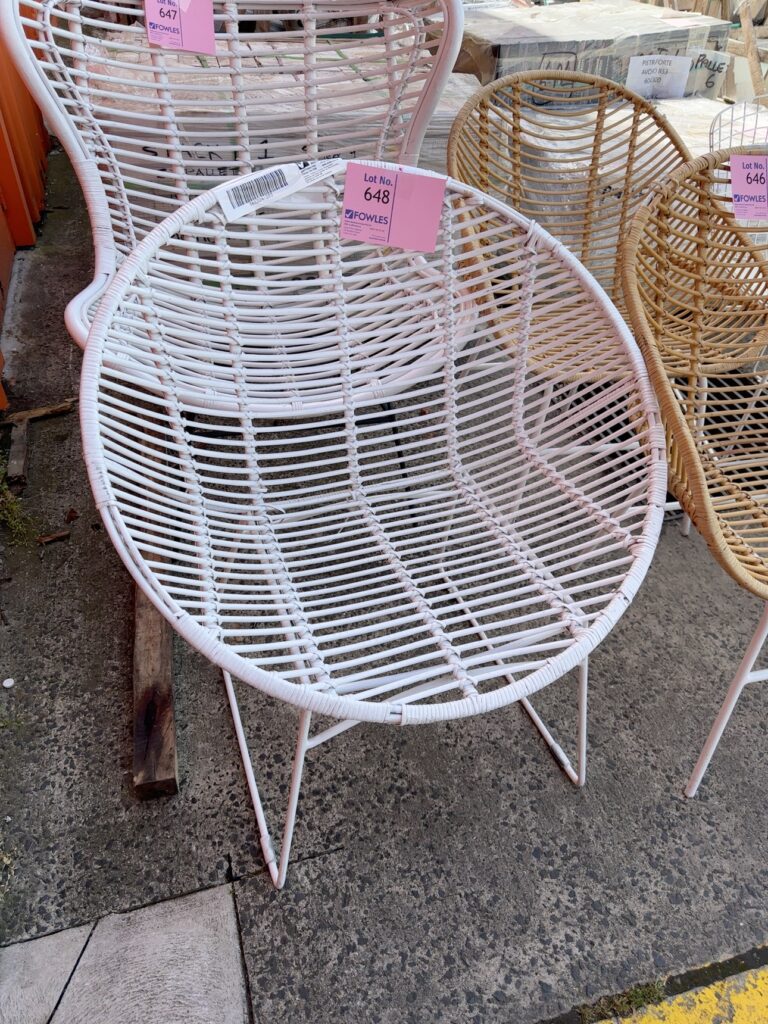 EX STAGING FURNITURE - WHITE ROUND OUTDOOR CHAIR, SOLD AS IS