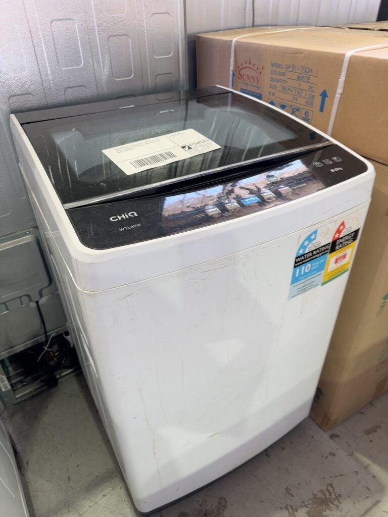 REFURBISHED CHIQ WTL80W WHITE 8KG TOP LOAD WASHING MACHINE, 3 MONTH BACK TO BASE WARRANTY