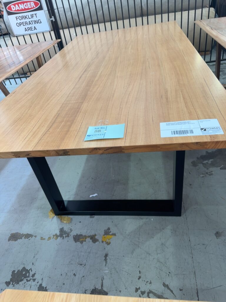 EX DISPLAY LUCA 2400MM DINING TABLE, MARRI TIMBER, BLACK LEGS RRP$2390 **SLIGHT CRACK ON CORNER EDGE** SOLD AS IS