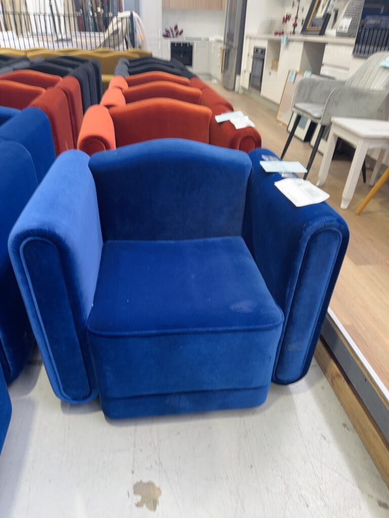 EX HIRE EVENT FURNITURE - COBALT BLUE VELVET ARMCHAIR WITH CURVED TOP, SOLD AS IS