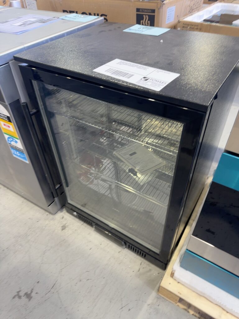 EX DISPLAY EURO EA60WFBR 600MM BLACK FRAMED SINGLE GLASS DOOR BAR FRIDGE, WITH 3 MONTH WARRANTY **DENTED LHS & R/H TOP**