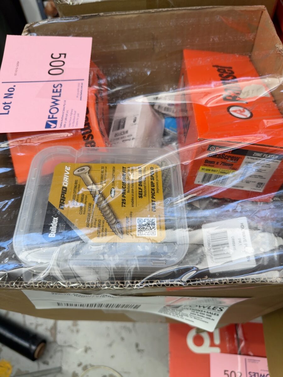 BOX OF ASSORTED HARDWARE STOCK, PRYDA, ZENITH, RAMSET ETC