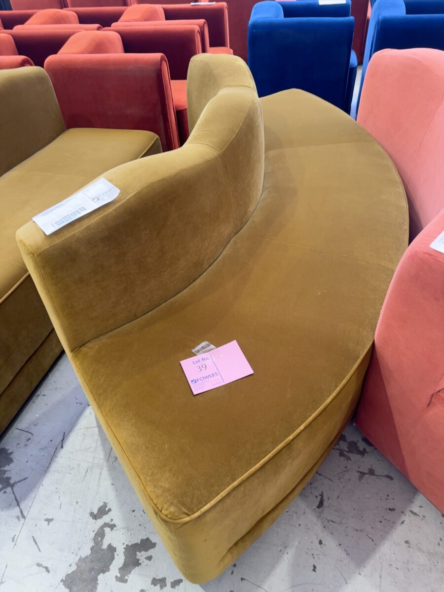 EX HIRE EVENT FURNITURE - CITRINE VELVET CURVED SEATING, SOLD AS IS