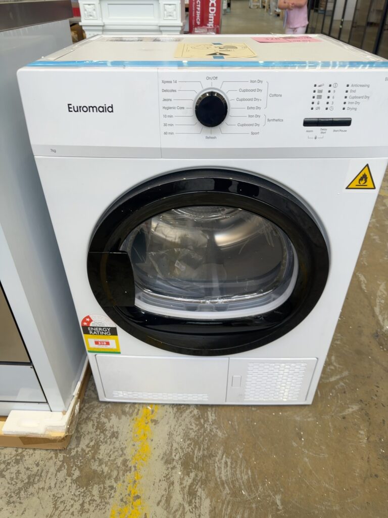 CARTON DAMAGE STOCK -EUROMAID ECD700W 7KG CONDENSER DRYER, 15 DRYING CYCLES, ANTI CREASE, DELAY START RRP$1099 3 MONTH WARRANTY