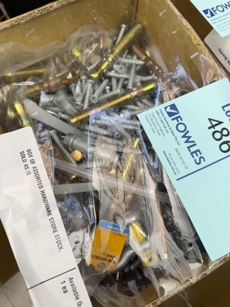 BOX OF ASSORTED HARDWARE STORE STOCK, SOLD AS IS