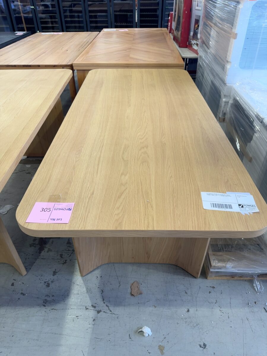 EX DISPLAY ASTON AMERICAN OAK TIMBER DINING TABLE, CURVED 2100MM, SOLD AS IS