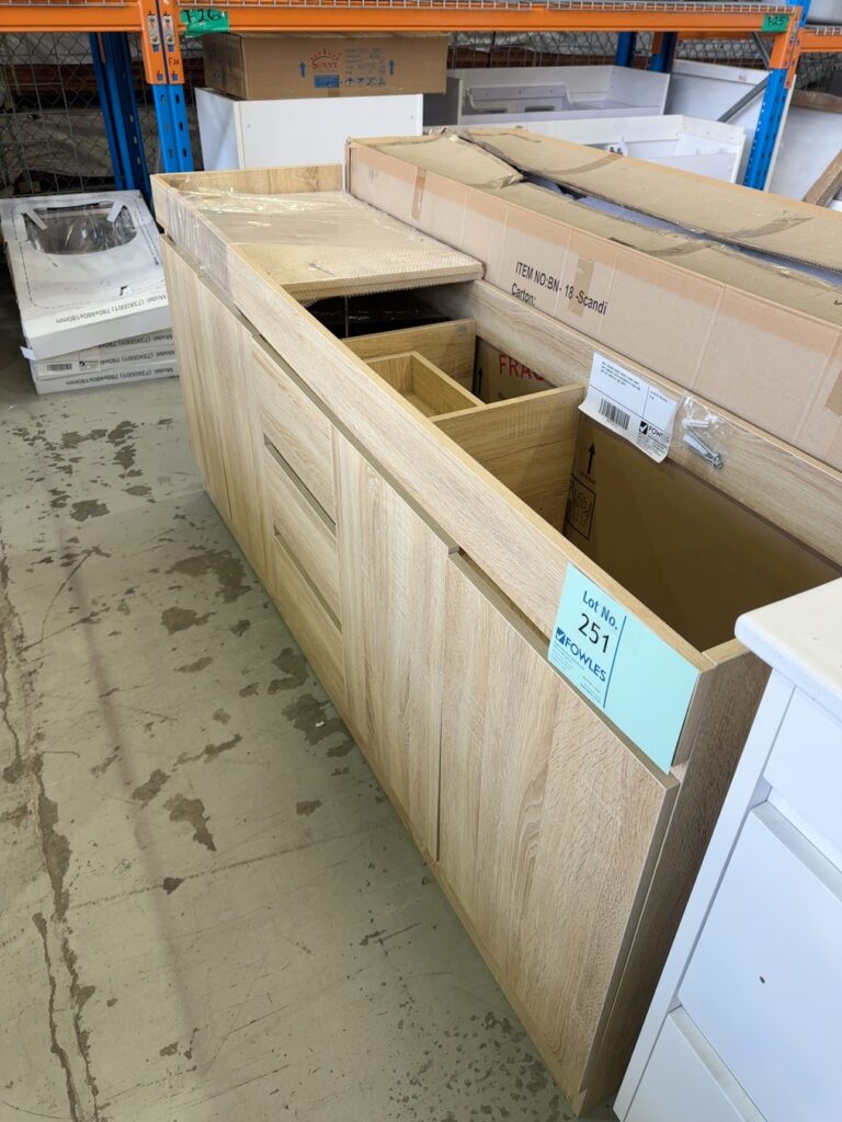 NEW 1800MM DOUBLE BOWL FLOOR VANITY, OAK LAMINATE WITH DRAWERS AT EACH END BN1770T RRP$750 **NO TOPS**