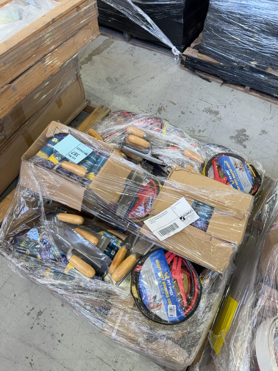 PALLET OF ASSORTED RETAIL ITEMS, ROPE, TROWELS, CAR JUMP STARTER PACKS, ETC SOLD AS IS