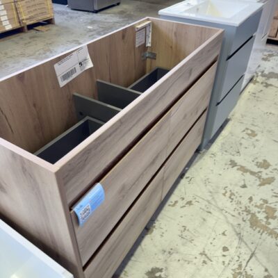 NEW 1200MM FLOOR VANITY, 4 DRAWERS, TIMBER FINISH, NO TOP, SOLD AS IS