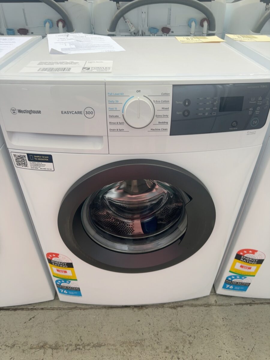 WESTINGHOUSE WWF7524N3WA, 7.5KG EASYCARE 300 SERIES FRONT LOAD WASHING MACHINE, DURABLE MOTOR, 1200RPM, FAST WASH PROGRAMS, TIME REMAING DISPLAY, 12 MONTH WARRANTY