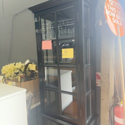 EX STAGING - TALL GLASS DISPLAY CABINET, BLACK TIMBER, (2 PARTS) SOLD AS IS