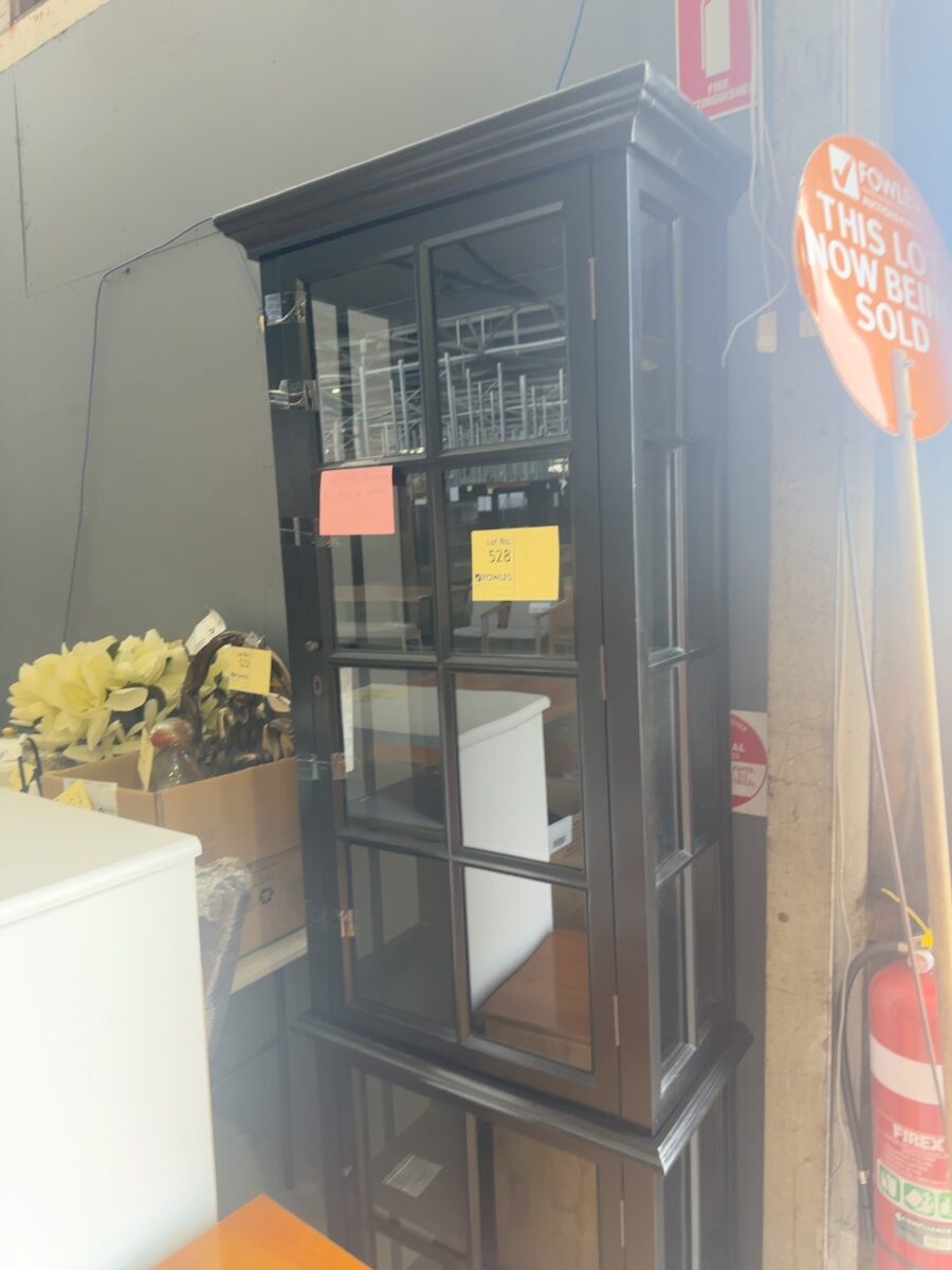 EX STAGING - TALL GLASS DISPLAY CABINET, BLACK TIMBER, (2 PARTS) SOLD AS IS