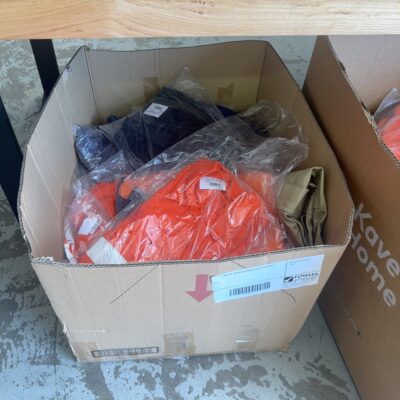 BOX OF ASSORTED WORKWEAR, SOLD AS IS