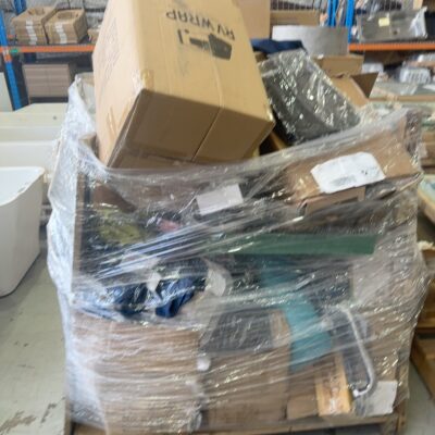 PALLET OF MIXED HARDWARE STORE ITEMS, WORKWEAR, HARD HATS, PULL HANDLES, ETC, SOLD AS IS