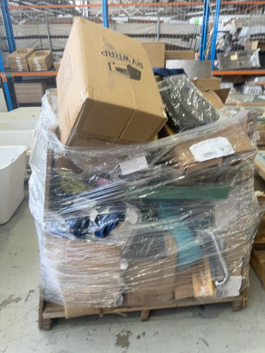 PALLET OF MIXED HARDWARE STORE ITEMS, WORKWEAR, HARD HATS, PULL HANDLES, ETC, SOLD AS IS