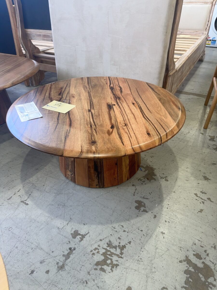 EX DISPLAY 950MM JINDALEE MARRI TIMBER ROUND COFFEE TABLE WITH PEDESTAL, RRP$1499 SOLD AS IS