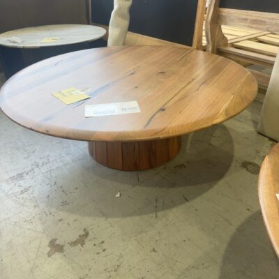 EX DISPLAY 1200MM JINDALEE MARRI TIMBER ROUND COFFEE TABLE WITH PEDESTAL, RRP$1699 SOLD AS IS