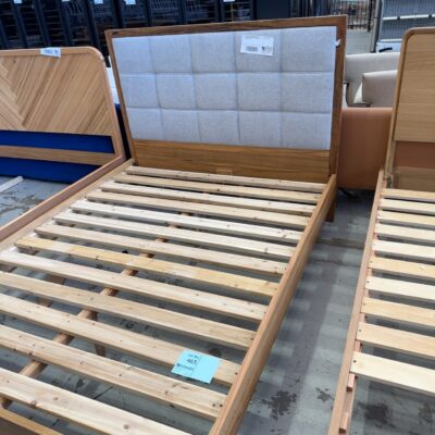 EX DISPLAY JINDI MARRI TIMBER QUEEN BEDFRAME, CHIP IN TOP OF FRAME, NO LEGS AT BASE, SOLD AS IS