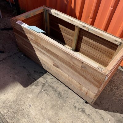 TASMANIAN OAK PLANTER BOX ON WHEELS, SOLD AS IS