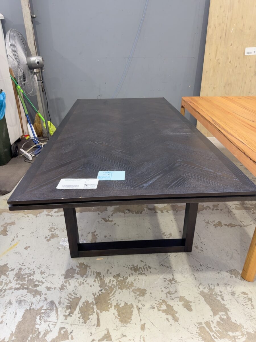 EX DISPLAY ADLEY JAPAN BLACK 2500MM HERRINGBONE DINING TABLE, CORNER DAMAGED, SOLD AS IS