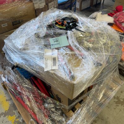 PALLET OF ASSORTED RETAIL STORE ITEMS, GARDEN ITEMS SUCH AS LOPPERS, SPRINKLINERS, STRAPS ETC, SOLD AS IS