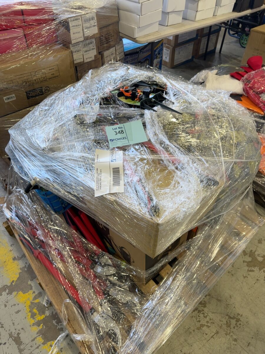 PALLET OF ASSORTED RETAIL STORE ITEMS, GARDEN ITEMS SUCH AS LOPPERS, SPRINKLINERS, STRAPS ETC, SOLD AS IS